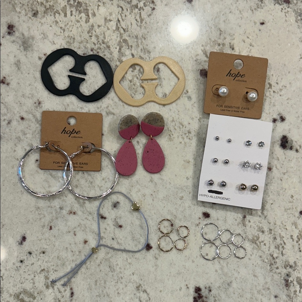Jewelry earrings studs, hoops, heart bracelet bra strap hooks, Hope collection
